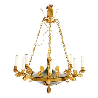 Mid 20th Century Empire Style Gilt and Green Metal Eight Light Chandelier With Bird Motif For Sale