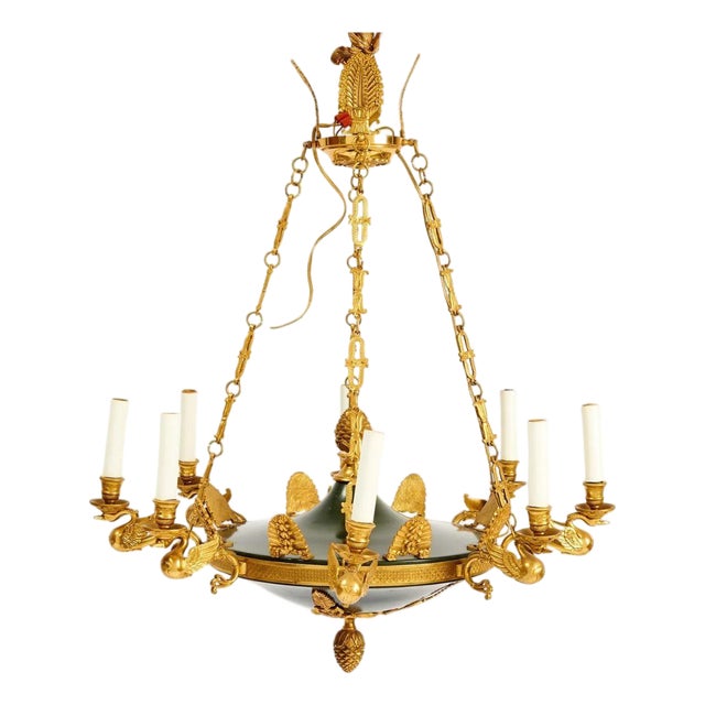 Mid 20th Century Empire Style Gilt and Green Metal Eight Light Chandelier With Bird Motif For Sale