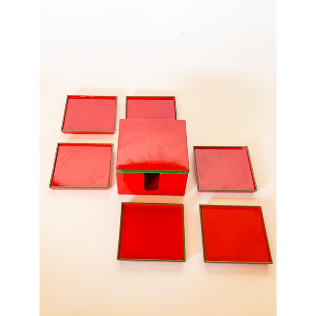 Late 20th Century Vintage Lord & Taylor Red and Green Lacquerware Coaster Set- 7 Pieces For Sale - Image 5 of 10