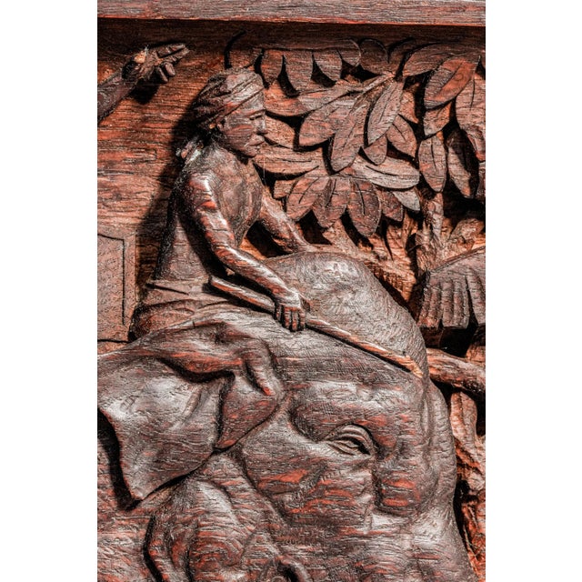 Fascinated Large Antique Colonial India Hand Carved Wood Plaque Anglo-Indian Elephant Tiger Safari Wall Panel British Raj Art Home Decor For Sale - Image 4 of 16