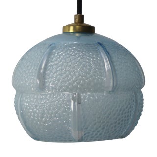 French Art Deco Blue Reeded Glass Pendant Lamp For Sale