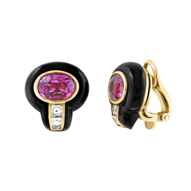 Traditional 6Ct Natural PURPLE Sapphire , Black Onyx & Pave Diamond Ring & Earring Set 18KG For Sale - Image 3 of 18