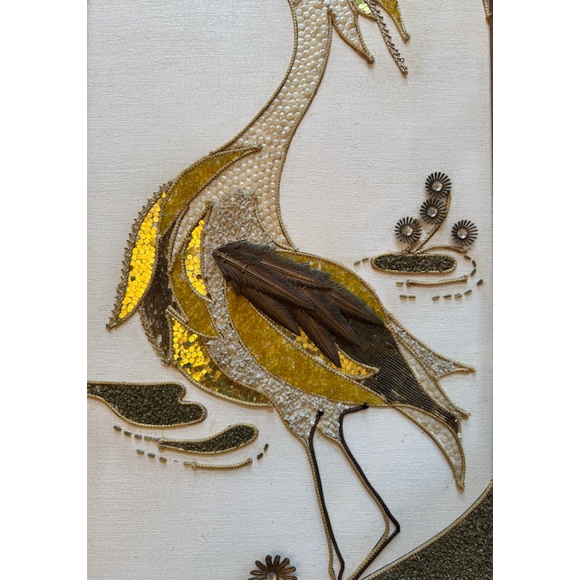 Antique White Pair of Mid 20th Century Mixed-Media Peacock & Egret Wall Art Panels For Sale - Image 8 of 11