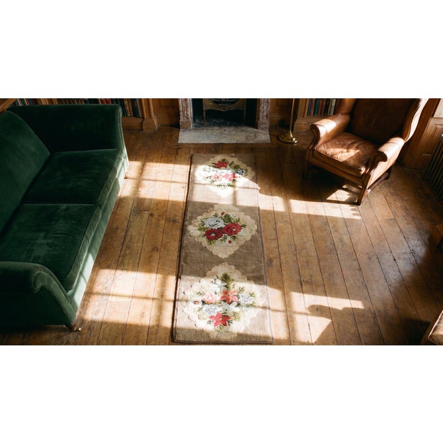 Lovely Tan Beige Color With Great Floral and Geometric Design Antique American Hooked Rug For Sale - Image 14 of 14