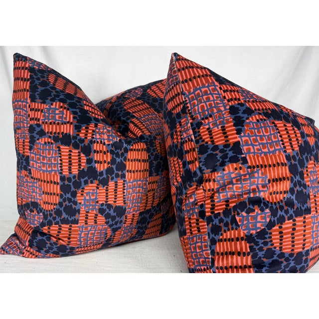 Custom pair of 22" pillows covered in Jiun Ho "Serengeti Velvet" in color laterite. These pillows have tapered corners to...