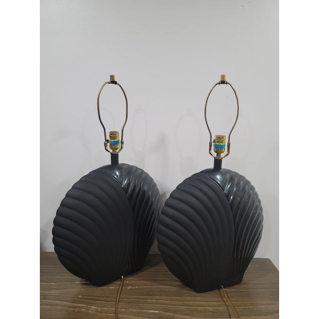 1980s 80's Modernist Art Deco Black Ceramic Table Lamps - a Pair For Sale - Image 5 of 8
