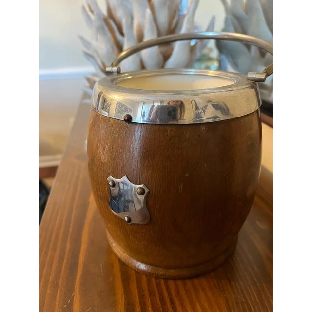 Wood Antique English Oak Biscuit Barrel With Silver Shield Crest and Porcelain Liner For Sale - Image 7 of 11