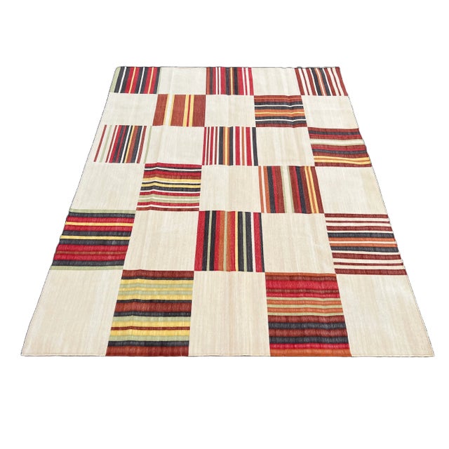 Handwoven Cotton Area Rug Vegetable Dyed Beige and Red Tile Patterned Dhurrie - 12'x15' For Sale - Image 9 of 10