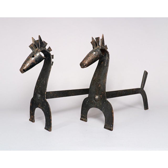 Mid-Century Brutalist Wrought Iron Horse Andirons or Fire Dogs, 1950s, Set of 2 For Sale - Image 6 of 6