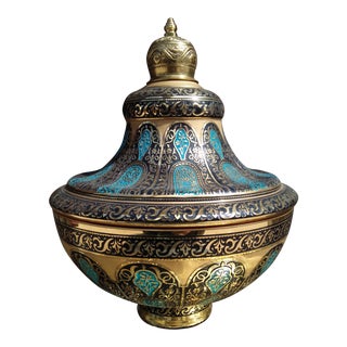 Hand Painted Glass Bowl With Cover Decorated With 24 Karat Gold and Multi-Blue Colors & Brass For Sale