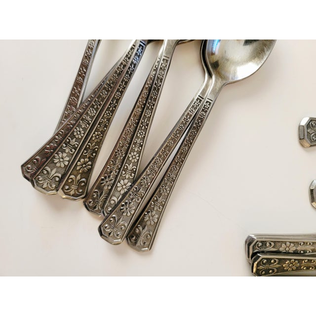 39 Piece Set Interpur Korea Vintage Stainless Flatware Silverware Florenz Pattern With Fleur De Lis, Mid-Century~Hostess Serving For Sale In Jacksonville, FL - Image 6 of 8
