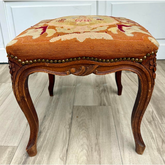 Wood Antique French Louis XV Style Carved Wood Figural Needlepoint Footstool For Sale - Image 7 of 15