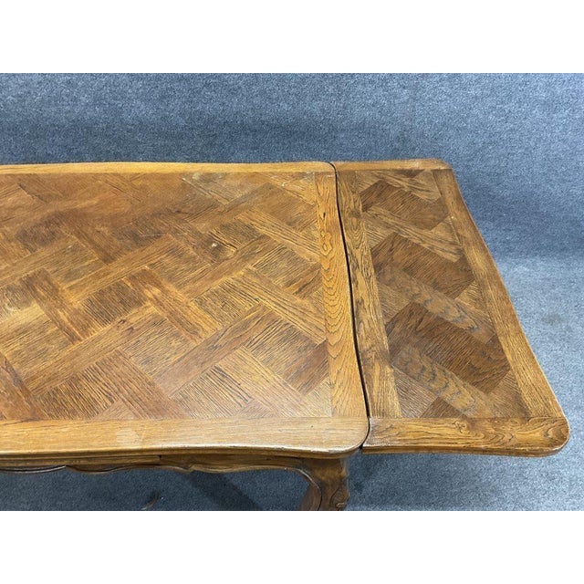 Antique French Provincial Draw Leaf Dining Table | Parquet Oak Louis XV Farmhouse (Circa 1870) For Sale - Image 4 of 9
