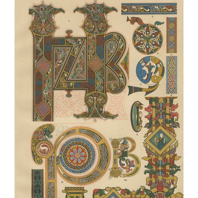 Celtic Manuscript Illumination Print by H. Dolmetsch, Germany ca. 1887 This richly detailed chromolithograph of Celtic...
