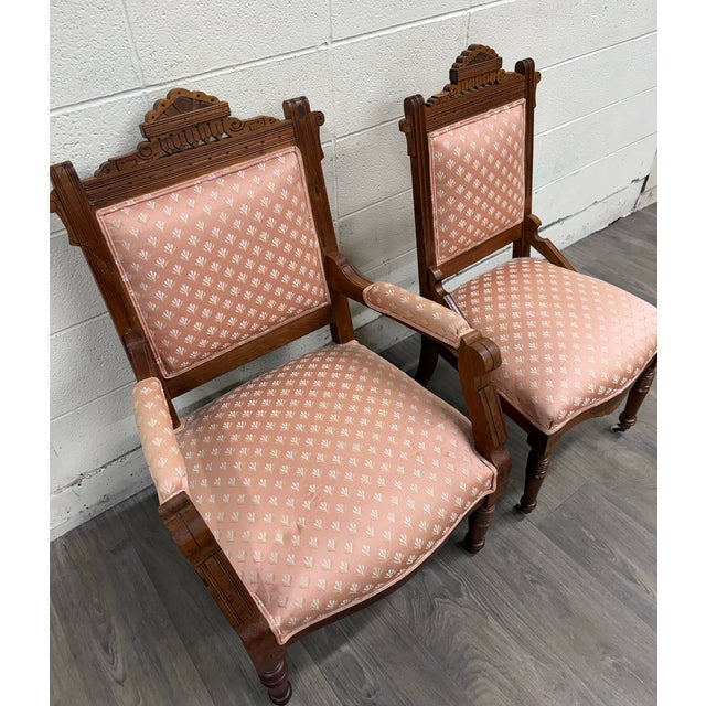 This is an absolutely stunning pair of antique Victorian Eastlake gorgeously carved “Lady’s and Gentleman’s” or “his and...