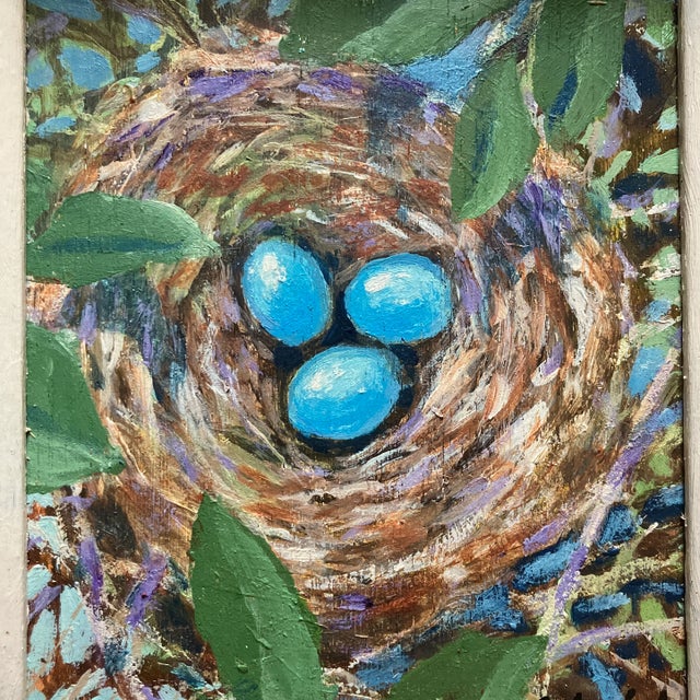 Contemporary original robins nest painting by Stephen Heigh. Framed and signed. Measures 5.5x6.5 and overall 8x9 with frame.