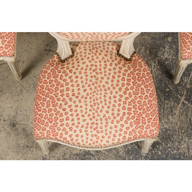 Antique French Louis XVI Style Painted Dining Chairs W/ Leopard Jacquard - Set of 6 For Sale - Image 4 of 18