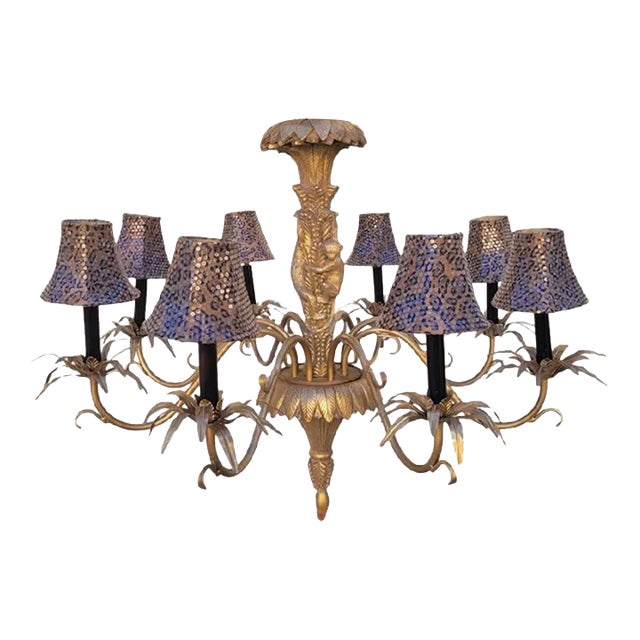 Vintage Massive 8 Light Gold Monkey Leopard Shade Palm Tree Palm Beach Regency Chandelier For Sale