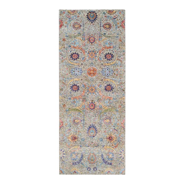 Silk With Textured Wool Hand Knotted Tan Sickle Leaf Design Oriental Wide Runner Rug For Sale