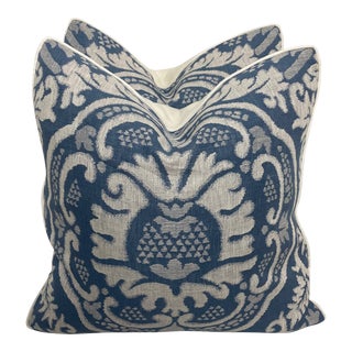 Thibaut Earl Damask in Blue Pillows - Pair For Sale
