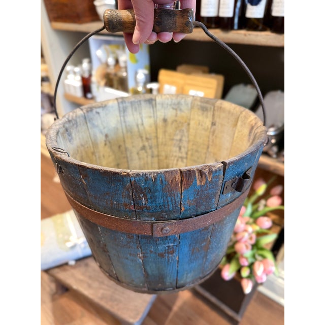 Wood Antique 1800s Shaker Wooden Bucket Blue Paint For Sale - Image 7 of 11