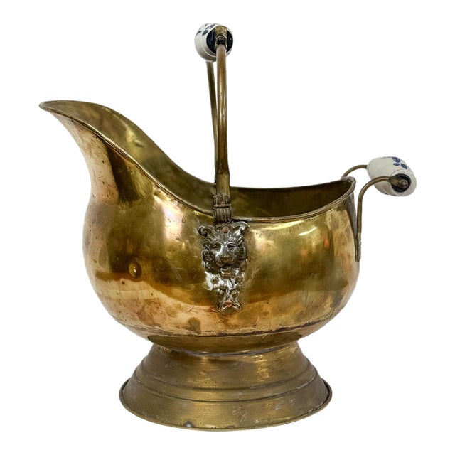 Antique Brass and Blue Porcelain Coal Scuttle Helmet Form Early 20th Century For Sale