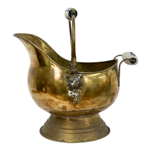 Antique Brass and Blue Porcelain Coal Scuttle Helmet Form Early 20th Century