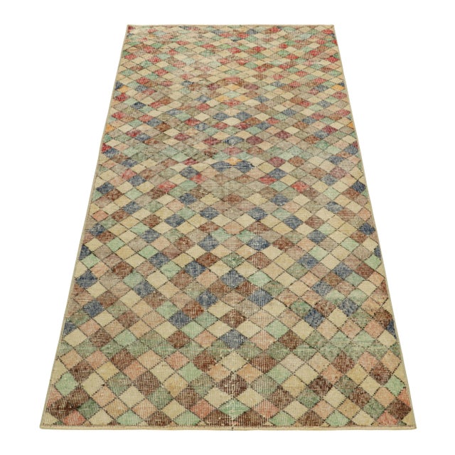 1960s Vintage Zeki Müren Runner in Beige With Colorful Geometric Pattern | Rug & Kilim For Sale - Image 5 of 7