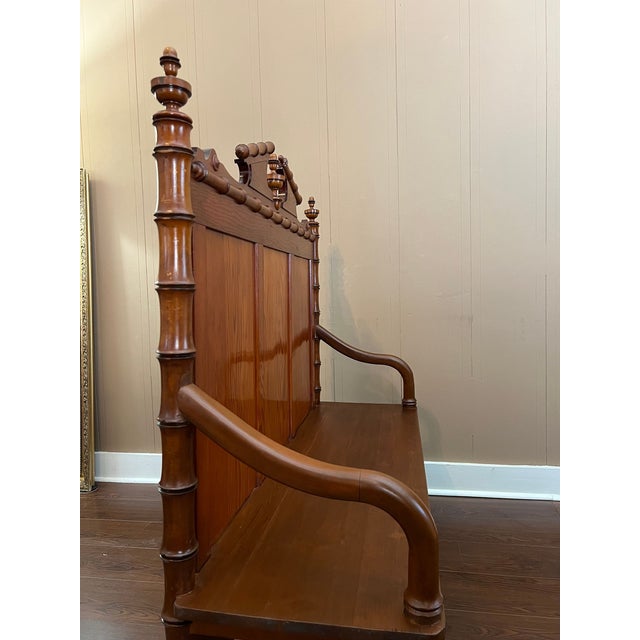 Antique English Faux Bamboo Pine Hall Bench Victorian High Back Settle C1890 For Sale - Image 17 of 18