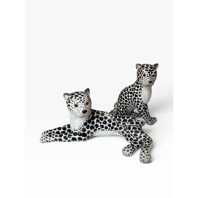 1970s Italian Black & White Majolica Snow Leopard Figurines – Pair For Sale - Image 11 of 12