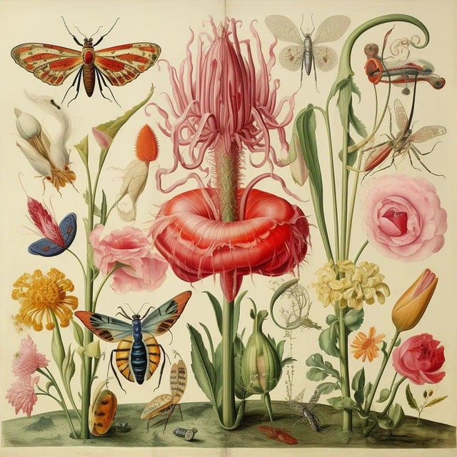Set of 6 - 'Insects and Flowers' Botanical Floral Prints Dimensions: Individual print size (in): 18 x 18 (additional white...