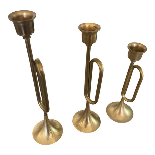 MCM Vintage Brass Bugle Trumpet Shaped Stacked Candlestick Holders- Set of 3 For Sale - Image 4 of 8