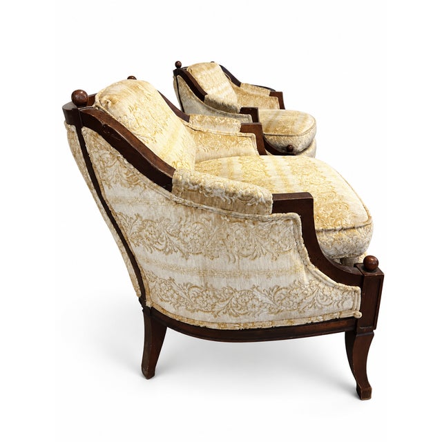 Vintage Hollywood Regency Gold Damask Barrel Lounge Chairs — Pair For Sale - Image 11 of 12