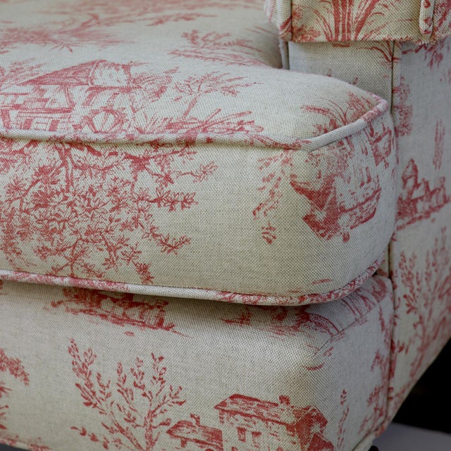 Queen Anne Style Wingback Armchair in Red Toile De Jouy For Sale - Image 11 of 14