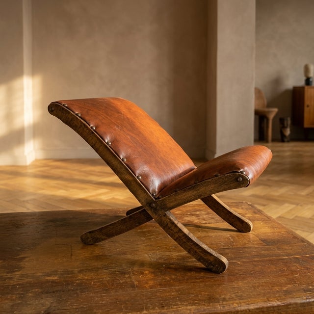 Wood Mid-Century Wood and Leather Stool, Europe, 1970s For Sale - Image 7 of 7