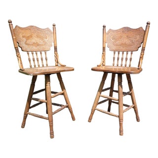 Vintage Pair Solid Oak Press Back & Spindle Swivel Counter Bar Stools For Sale