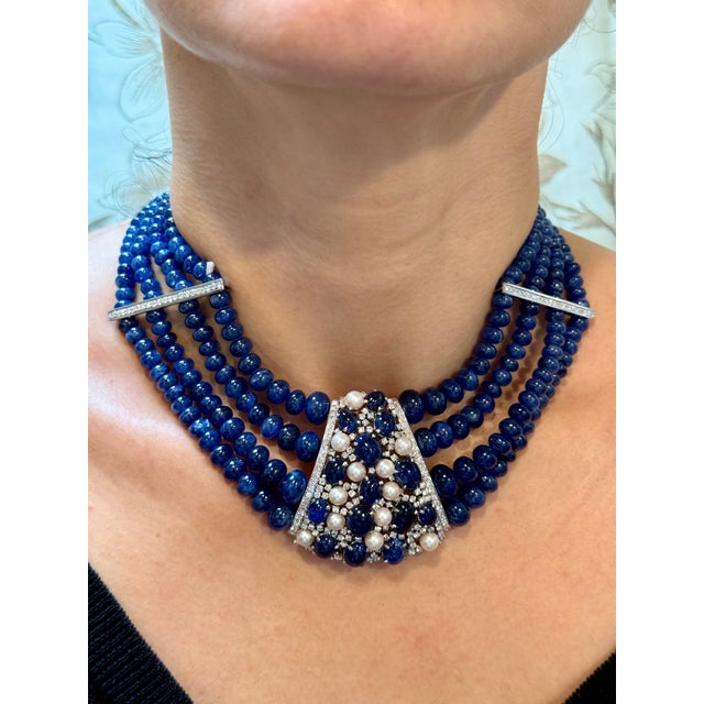 700Ct Sapphire Bead Necklace with cabochon & Diamond Center & Diamond Spacer 18K For Sale - Image 13 of 18