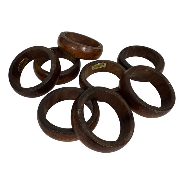 Vintage Mid Century Thin Band Wooden Napkin Rings - Set of 8 For Sale