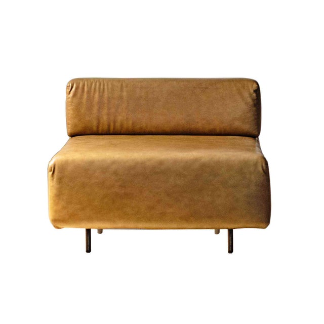 Vintage modular sectional CUBO chair by Harvey Probber. Cognac-colored leatherette. USA, 1970s, round enameled metal legs,...
