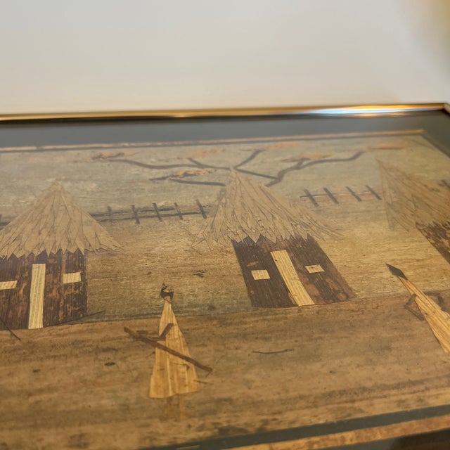 Textile 1980s Vintage African Dry Banana Leaf Art Two Women Working a Village Huts & Fence, Framed For Sale - Image 7 of 8