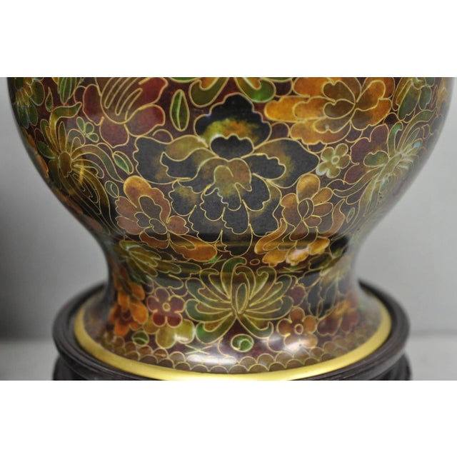 Vintage Cloisonné Chinese Small Enameled Brown Covered Ginger Jar on Stand, Pair For Sale - Image 14 of 18