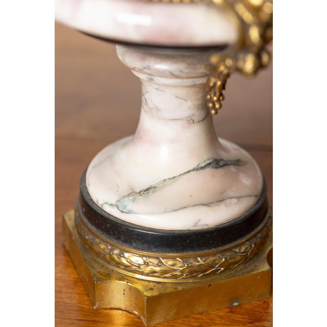 Pink Pair of 19th-Century French Neoclassical Marble and Gilt Bronze Urns For Sale - Image 8 of 12