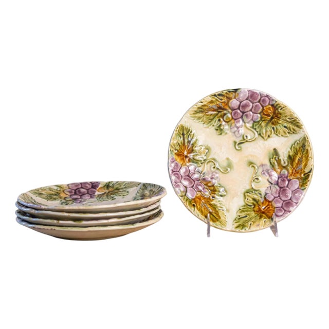 French 19th Century Majolica Grape Plates with Their Leaves, Seven Available For Sale