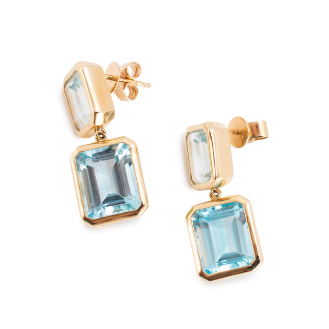 14k Yellow Gold 17.01ctw Bezel Set Emerald Cut Topaz Drop Dangle Earrings For Sale - Image 4 of 9