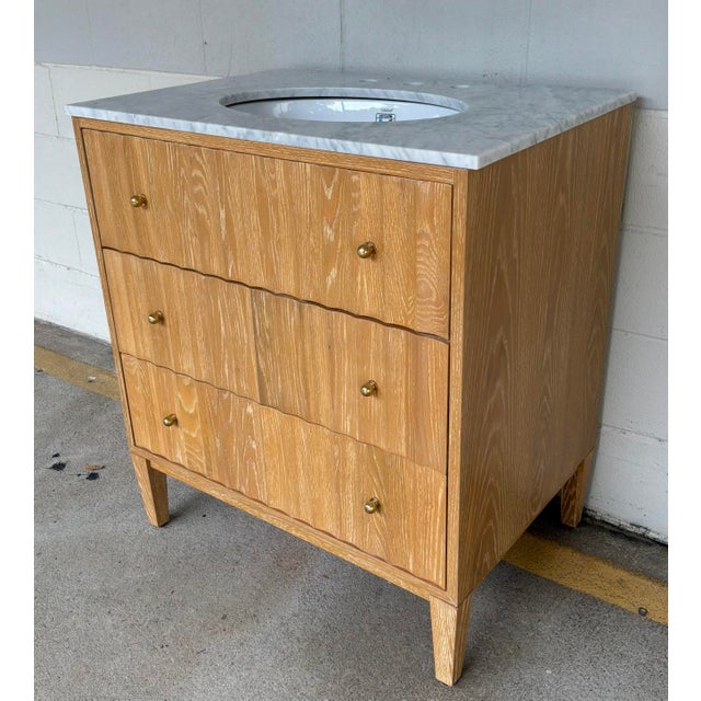 Wood Worlds Away Modern Fluted Oak and White Marble Sink Vanity For Sale - Image 7 of 7