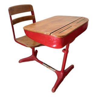 Mid Century Red Metal Children's School Desk With Attached Wood Seat For Sale
