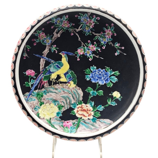 Nippon-Style Moriage 11-Inch Black-Ground Bowl With Birds and Peonies For Sale - Image 4 of 17