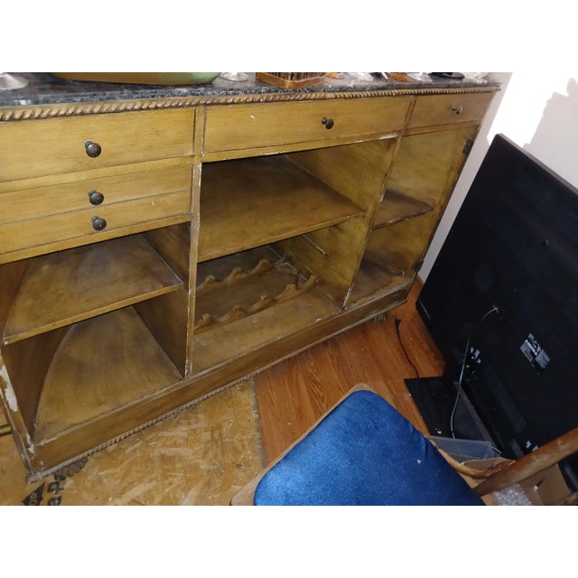 1950s Vintage Brass Marble Wood and Leather World Map Large Half Circle Dry Bar For Sale - Image 10 of 18