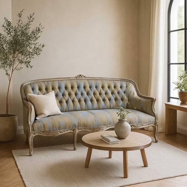 Early 20th Century Early 20th Century French-Style Carved Wood Sofa With Striped Upholstery For Sale - Image 5 of 18