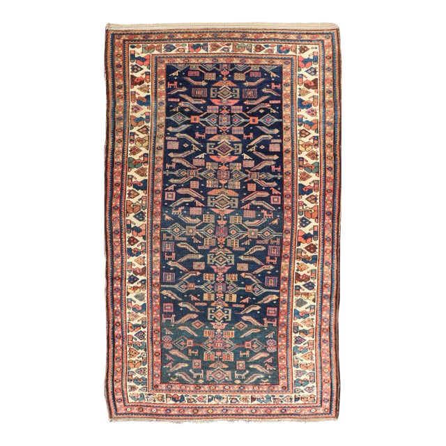 Antique Kurdish Rug With All-Over Geometric Design on a Blue Background For Sale